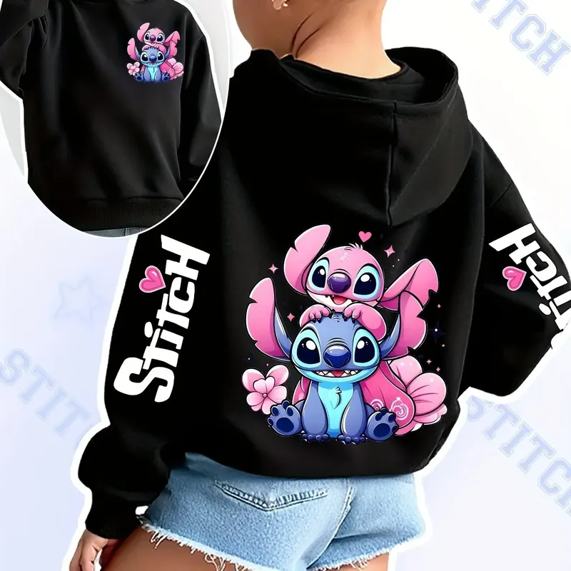 2025 Disney Hoodies Mode Stich Engel Monster Tasche Sweatshirt Pullover Niedliche Hoodies Mädchen Kinder Sweatshirt Cartoon Tops Y2k