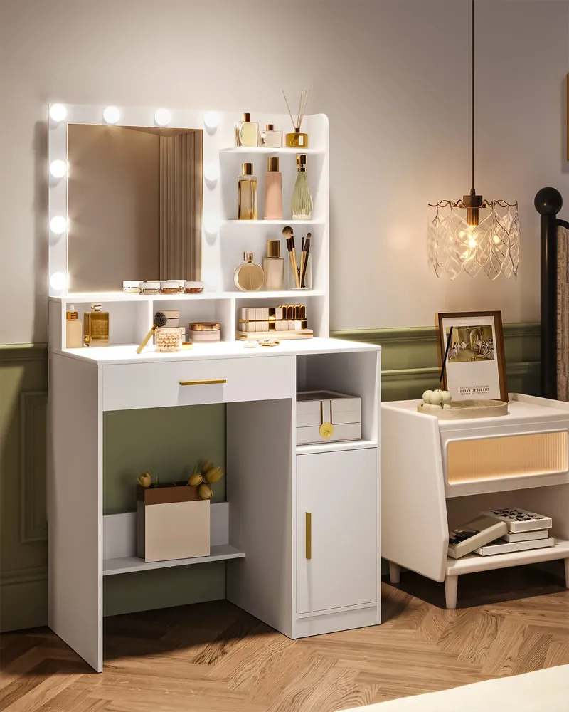 Hzuaneri Schminktisch mit Spiegel und 10 LED-Leuchten, Schminktisch mit 3 Regalen und 4 offenen Fächern, mit großer Schublade