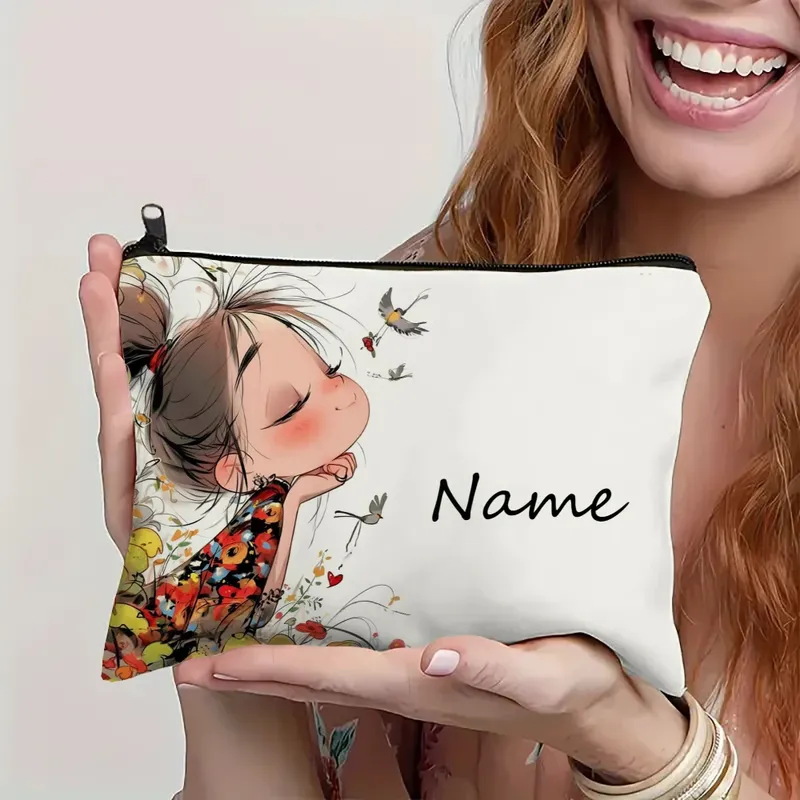 Benutzerdefinierter Name Vintage süßes Mädchen Muster Make-up Tasche Handtasche Kulturbeutel Federmäppchen Urlaub Geschenk Kosmetiktasche
