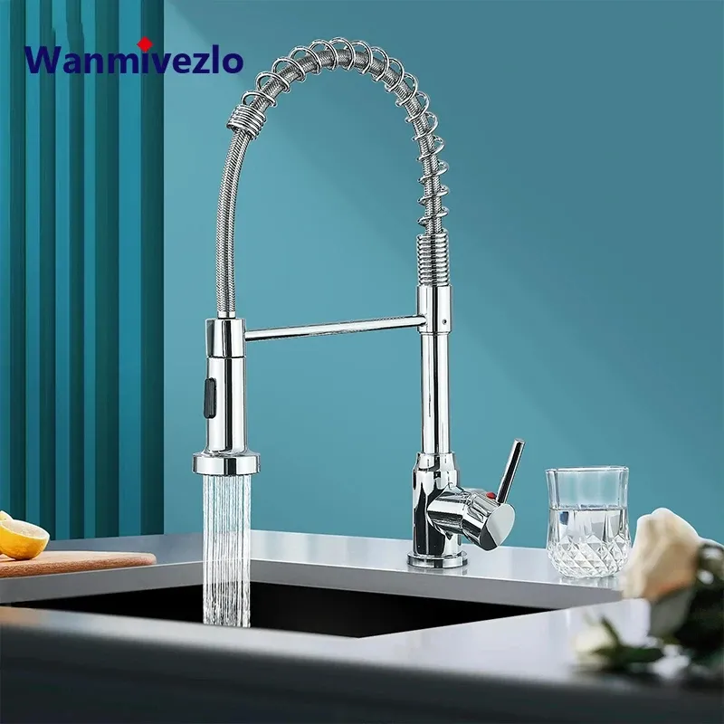Chrom Frühling Pull Down Küchenarmaturen Stream Spray Kopf Heiß Kalt Wasserhahn Edelstahl Rotation Küche Mischbatterie Kran
