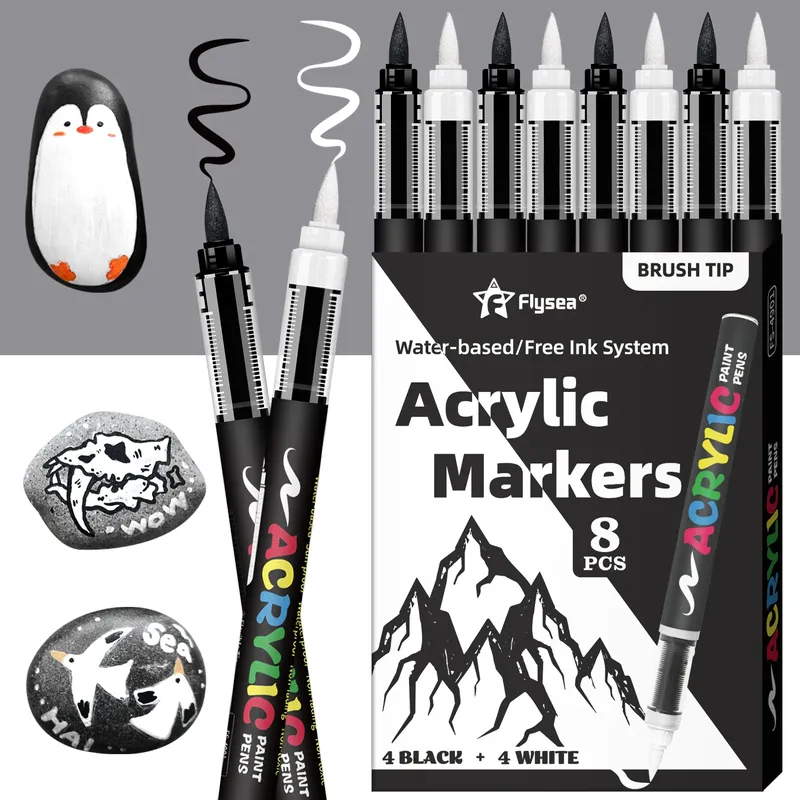 8-teiliges schwarz-weißes Acrylfarben-Marker-Set, großes Tintenkapazität, Acryl-Marker für Illustrationsskizzen, Holz, Glas, Fab