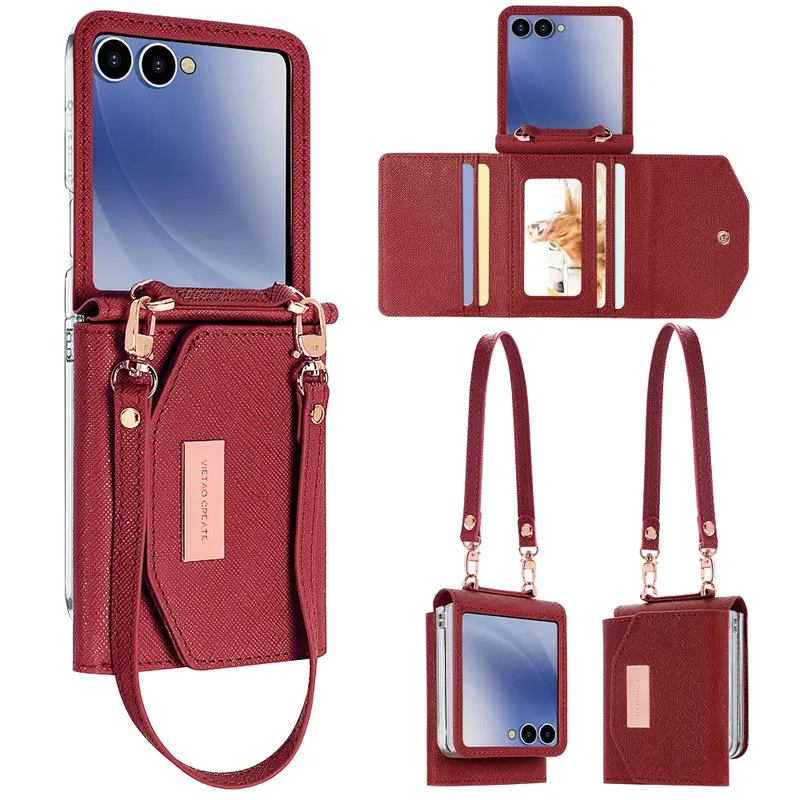 VIETAO Dunkelrote PU-Leder-Geldbörsen-Handyhülle mit Handschlaufe für Galaxy Z Flip 7/6/5/4/3 Modische Handyhülle für Damen