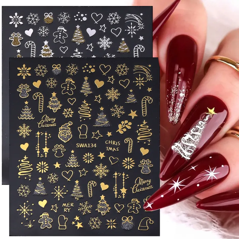2 Stück Gold Silber Weihnachten 3D Nagelaufkleber Reflektierender Glitzer Weihnachtsbaum Lebkuchen Schneeflocken Klebeaufkleber Winter Maniküre