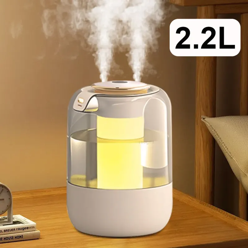 Luftbefeuchter, 2,2 l, großes Fassungsvermögen, Heimluftbefeuchter, stumm, Nebelhersteller, Doppeldüse, USB-Luftbefeuchter für Schlafzimmer mit LED-Nachtlicht