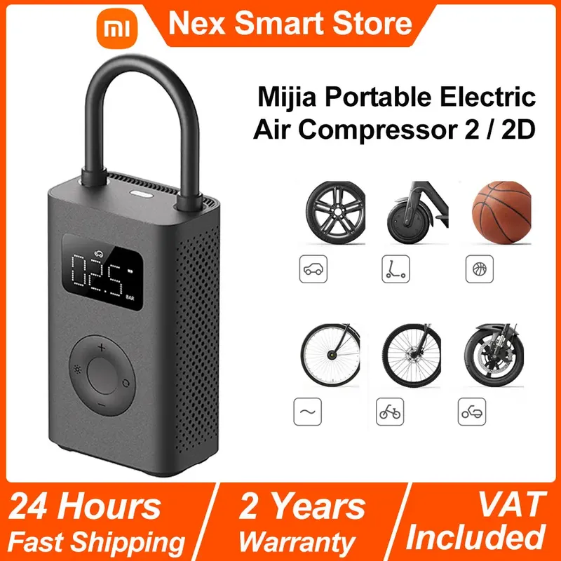 Xiaomi Mijia Tragbarer elektrischer Luftkompressor 2/2D, intelligenter digitaler Reifendruckerkennungsfüller, elektrische Multitool-Luftpumpe 2