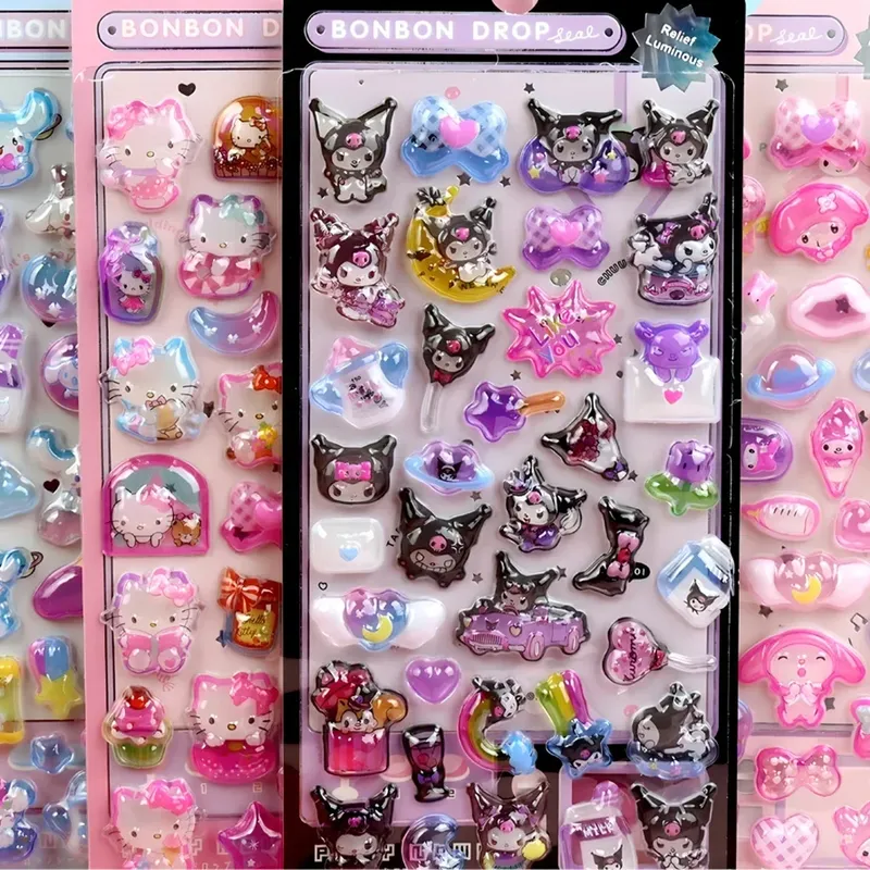 Leuchtende süße Sanrio 3D Relief Aufkleber Kawaii Mädchen Kuromi Cinnamoroll My Melody Kristall Aufkleber Kinder Dekoration Aufkleber Packungen