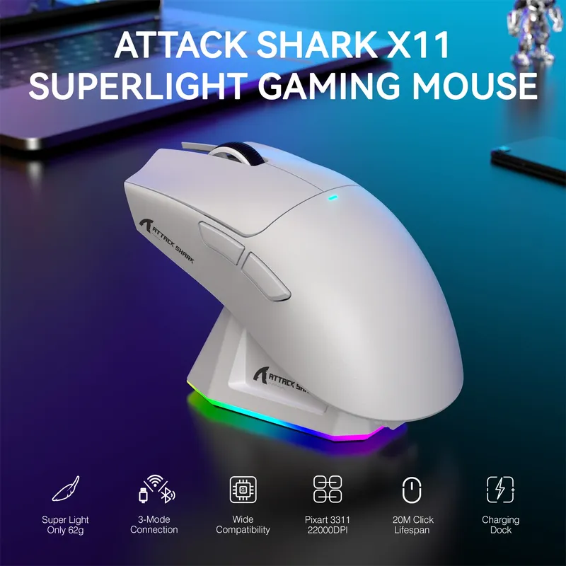 Attack Shark X11 Tri-Mode-Gaming-Maus mit magnetischer Ladestation, PixArt PAW3311-Sensor, 22K DPI, BT/2,4 GHz/kabelgebunden, für PC/MAC