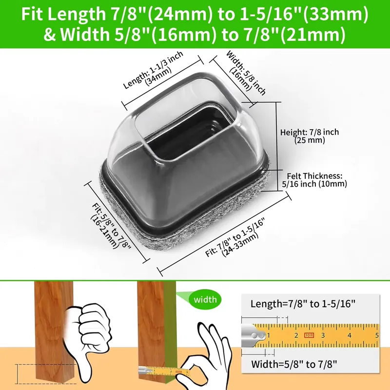 8 Stück Silikon-Stuhlbein-Bodenkappen, rechteckig, mit Filz, Fußabdeckung, Endkappen, Abdeckungen, Breite 22–32 mm, für Hartholztisch