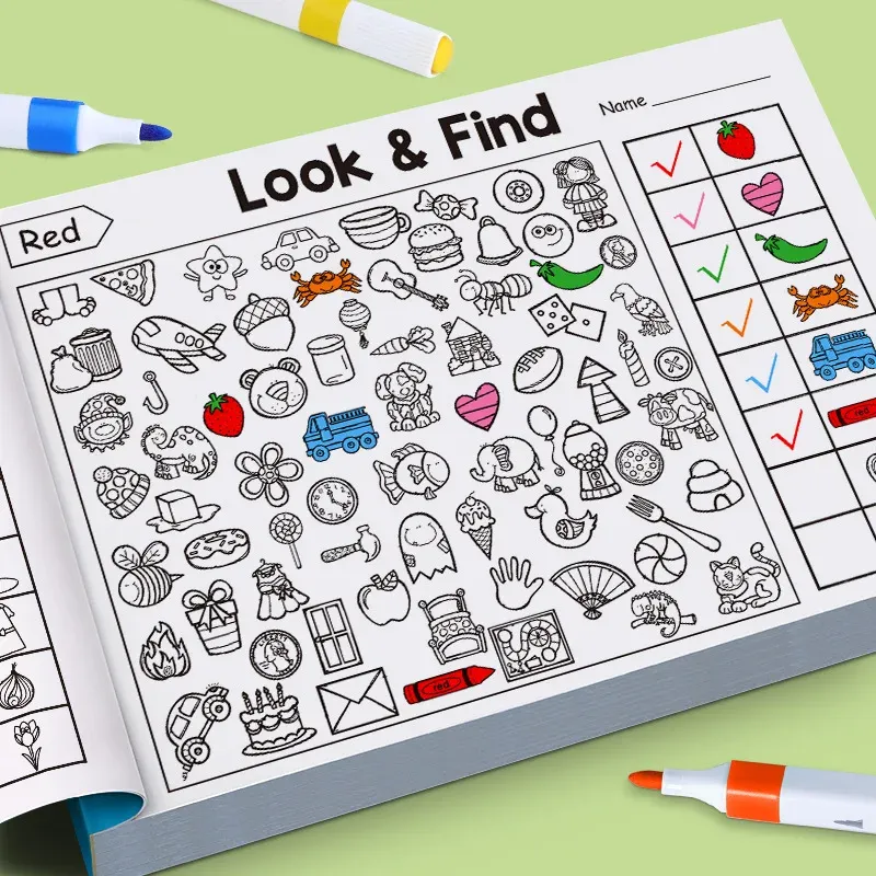 Kindersuchspiel für Gegenstände, verbessert die visuelle Wahrnehmung, lustiges Malbuch, Fokus und Aufmerksamkeit, Handschrift-Übungsbuch