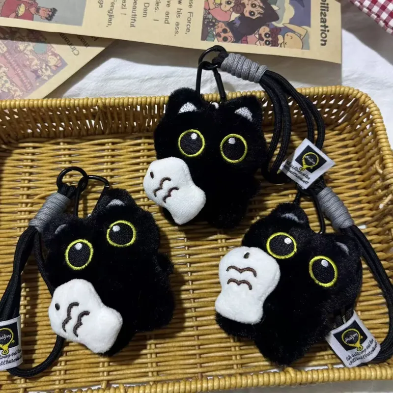 1Pcs Coole Plüsch Schwarze Katze Puppe Spielzeug Schlüsselbund Tasche Anhänger Lustige Tiere Charme Auto Schlüsselring Zubehör Für Frauen Paare geschenke