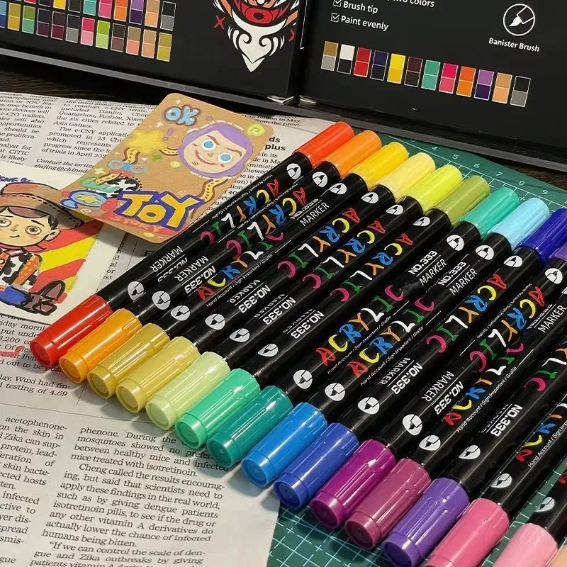 Professionelle Acrylfarben-Marker mit 48 Farben, Doppelspitze (Fein und Pinsel), Geeignet für Stein, Holz, Kalligraphie