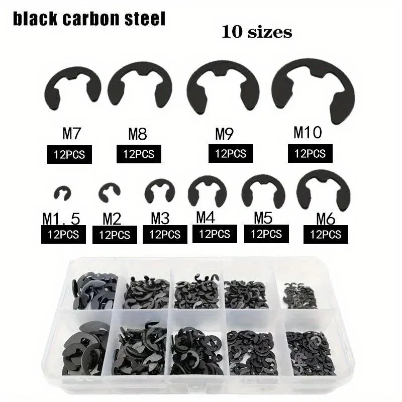 120-teiliges Sicherungsring-Set aus schwarzem Stahl mit Sicherungsring und E-Clip-Unterlegscheibe, Sortiment für Wellenbefestigung M1,5–M10