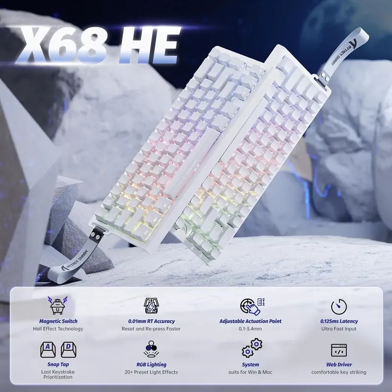 ATTACK SHARK X68 HE Rapid Trigger mechanische Gaming-Tastatur 60 % verkabelt mit einstellbarer Betätigung, Hall-Effekt-Magnetschalter, 8 kHz
