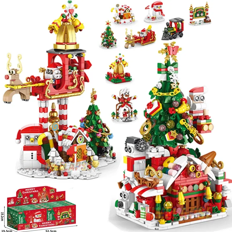 DIY 8in1 Lichter Weihnachten Elch Hirsch Weihnachtsmann Zug Architektur Shop Street View Weihnachtsbaum Schnee Haus Baustein Kit Spielzeug
