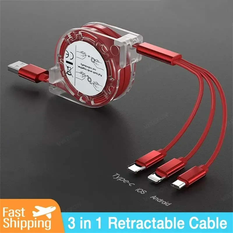 3-in-1 einziehbares Daten-USB-Kabel, schnelles Aufladen für iPhone Typ C, Micro-USB für Android, Xiaomi, Huawei, Samsung, USB-Ladekabel