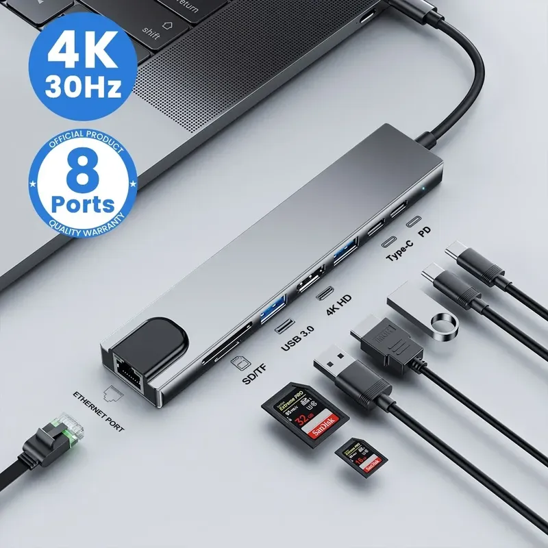 USB C Hub 8In1 7in2 7in1 Typ C 3.1 auf 4K HDMI Adapter mit RJ45 SD/TF Kartenleser PD Schnellladung für MacBook Notebook Laptop