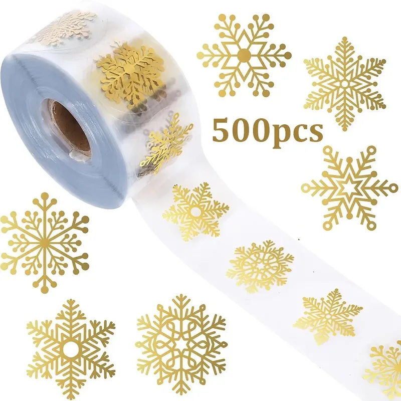 500 Stück/Rolle goldene Schneeflocken-Weihnachtsaufkleber, transparent, selbstklebend, Dekoration, Urlaub, DIY, Basteln, Scrapbooking, Zubehör