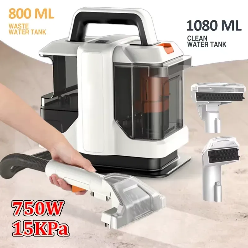 750 W Handheld-Teppichreiniger, 15 kPa, tragbarer Fleckenreiniger für Auto, Sofa, Tierhaarspray, Saugkraft, integrierte Reinigungsmaschine