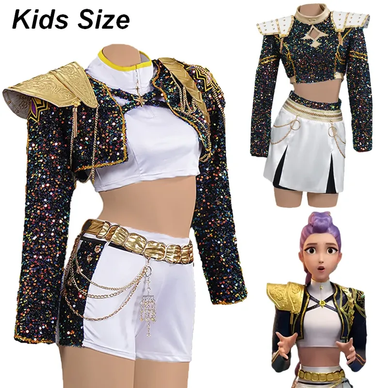 Fantasia Huntrix Rumi Cosplay Mädchen Goldene Kleidung Cartoon Dämonenjäger Disfraz Kostüm 6 bis 14 Jahre Fantasy Halloween Party
