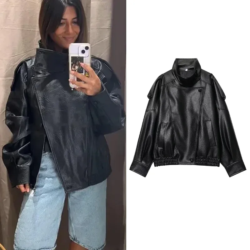 TFMLN Chic Schwarz Kunstleder Jacken Frauen Langarm Tasten Elastische Übergroße Mäntel Mode 2025, Herbst Winter Streetwear