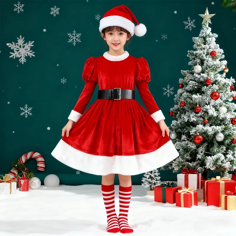 Herbst Winter Samt Kleid + Socken + Hut 3Pcs Sets für Kinder Santa Claus Cosplay Kostüme Neue Jahr Kleid für Mädchen Party Kleider