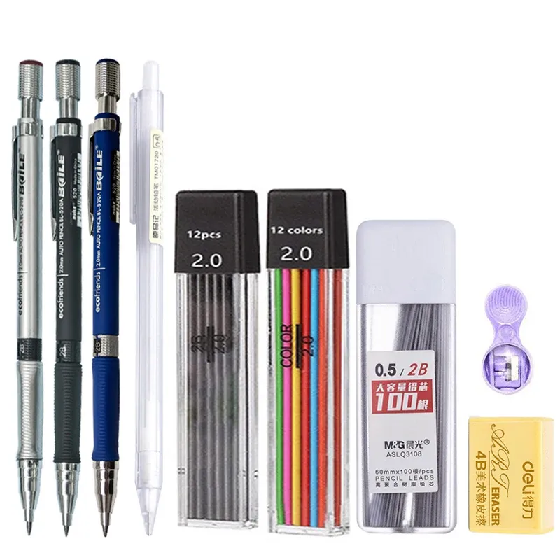 Druckbleistift-Set 2,0 mm mit 2B-Schwarz/Farben-Minenminen zum Schreiben, Skizzieren, Kunst, Zeichnen, Malen, Schule, automatischer Bleistift
