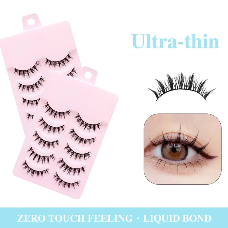 5 Paar Manga-Wimpern, weich, natürlich, lang, falsche Wimpern, Anime-Wispy-Streifenwimpern für koreanische Puppen, Augen-Make-up-Look