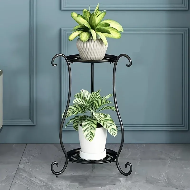 1er-Pack, eleganter doppelschichtiger Blumenständer aus Metall – mehrschichtige bodenstehende Pflanzenpräsentation im modernen europäischen Stil für