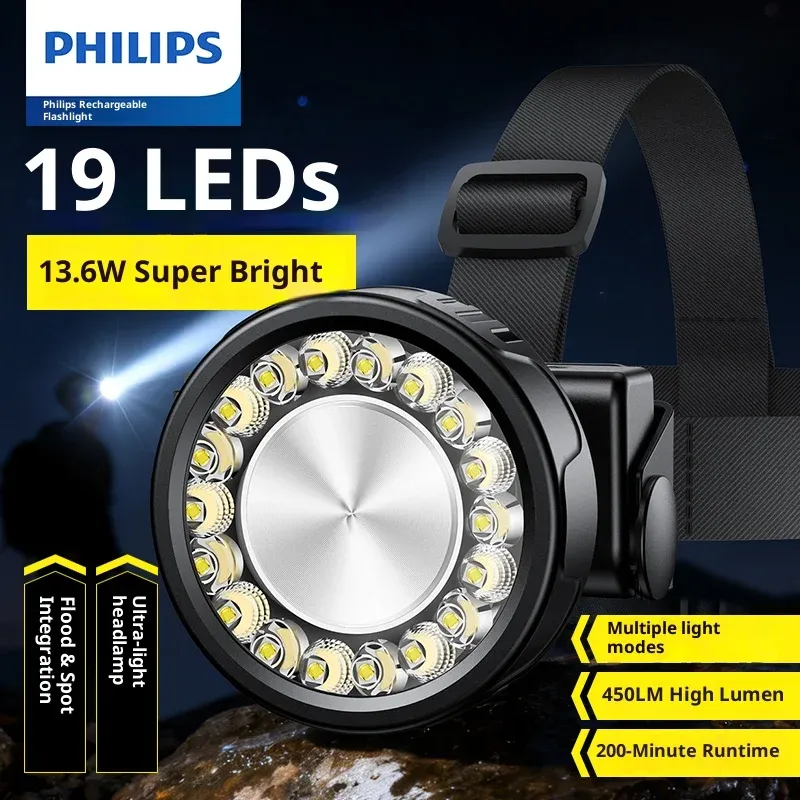 Philips LED-Scheinwerferbeleuchtung, 19 Lampenperlen, 450 lm, Scheinwerfer Typ C, wiederaufladbarer Scheinwerfer, Outdoor, Camping, Angeln, Laterne