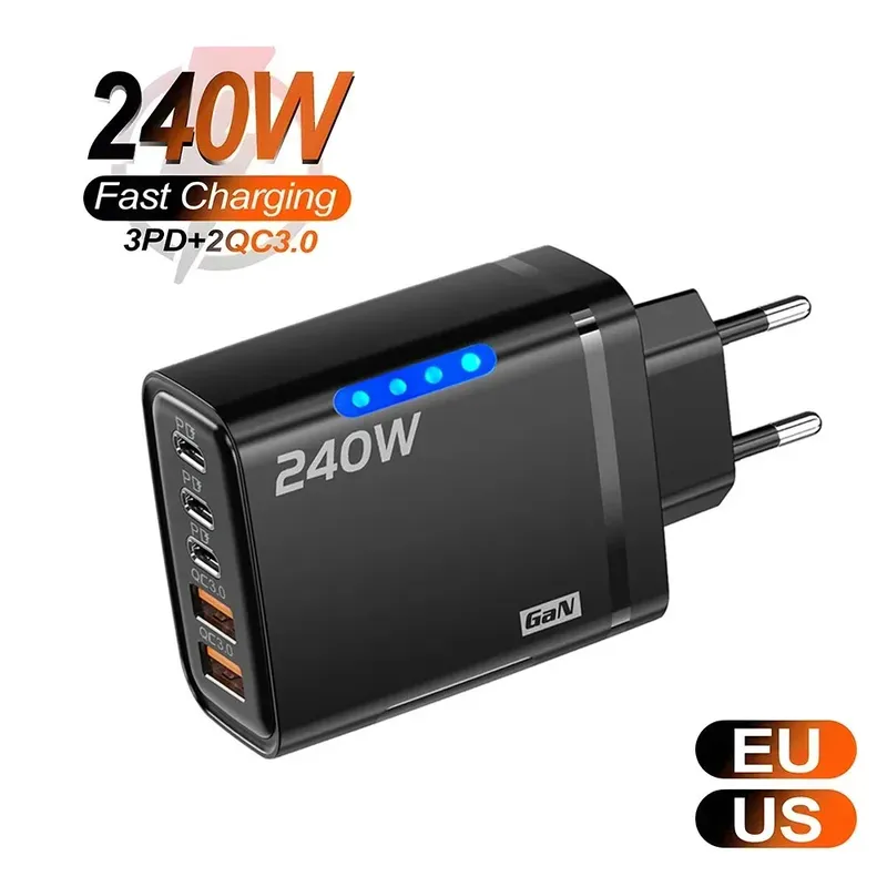 240W GaN USB C Ladegerät 5 in 1 Schnellladung Telefon Ladegerät Netzteil für iPhone Samsung Xiaomi Typ C EU/US-Stecker Wandladegerät