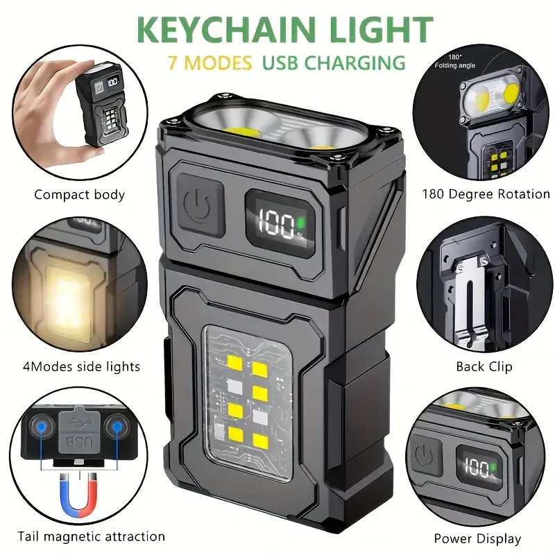 Mini wiederaufladbare LED-Taschenlampe, tragbare seitliche COB-Taschenlampe mit Clip-Schwanz-Magnetlicht, superhelle Outdoor-Camping-Laterne