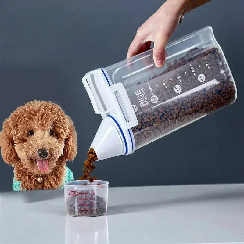 1,5 kg/2 kg Eimer für Hunde und Katzen, Kunststoff-Lagertank mit Messbecher, feuchtigkeitsbeständig, versiegeltes Glas, Heimtierbedarf, Zubehör