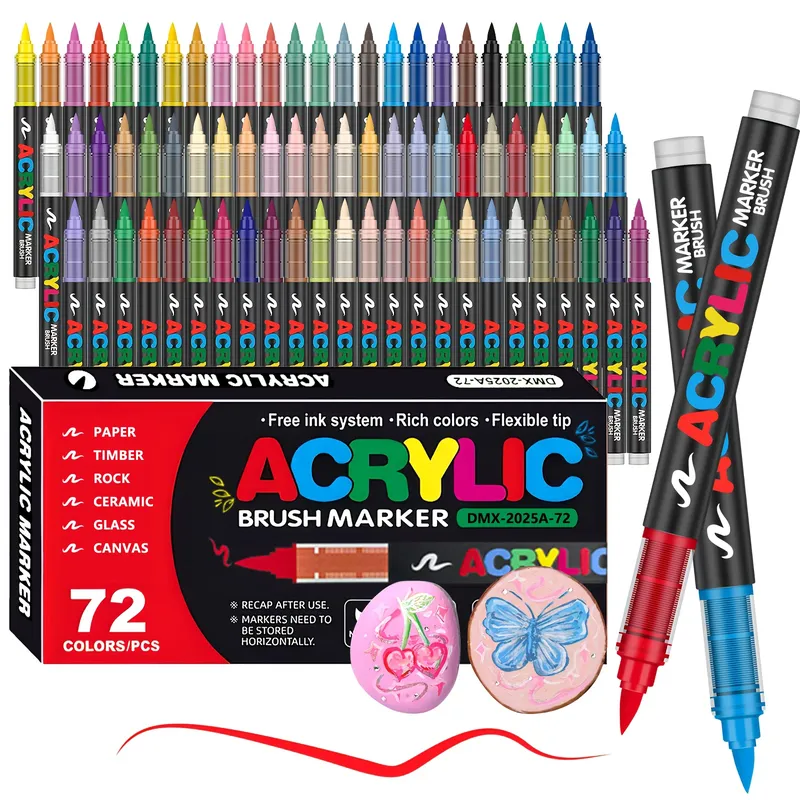 Acrylmarker Farbmarker mit Pinselspitze 12–72 Farben Acryl-Farbstift für Stein, Leinwand, Holz, Keramik, Erwachsene, zum Ausmalen, Basteln