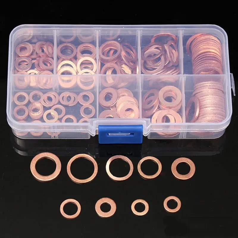100/200PCS Kupfer Unterlegscheibe Dichtung Mutter Und Bolzen Set Flache Ring Dichtung Sortiment Kit Mit Box M4/M5/M6/M8/M10/M12/M14 Für Sump Stecker
