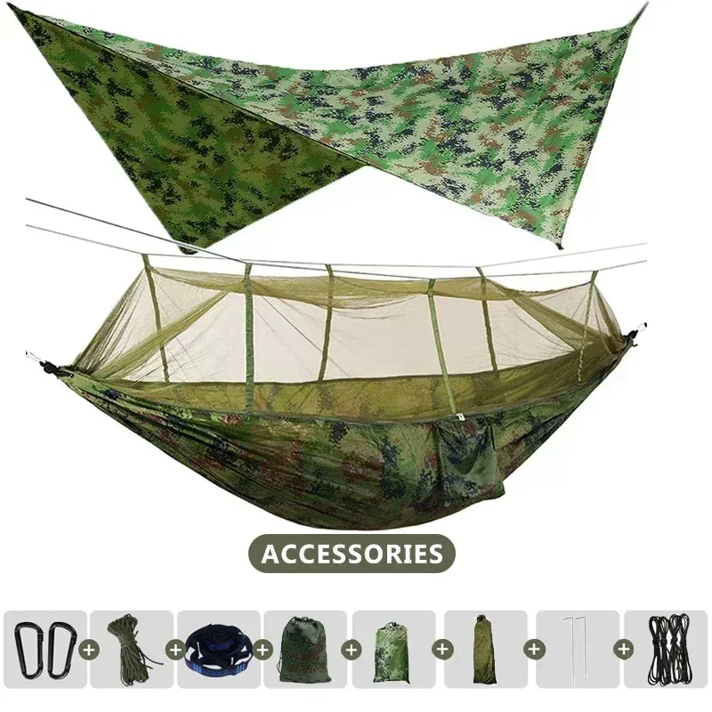 260 x 140 cm Outdoor-Doppel-Camping-Hängematte mit Moskitonetz und Regenfliegenplane, leichte Fallschirm-Hängematten für Reisen, Wandern